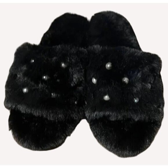 INC Pearl Slides Slippers Black Faux Fur Womens Size Small 5 6 Fuzzy NEW in Box - Picture 1 of 9